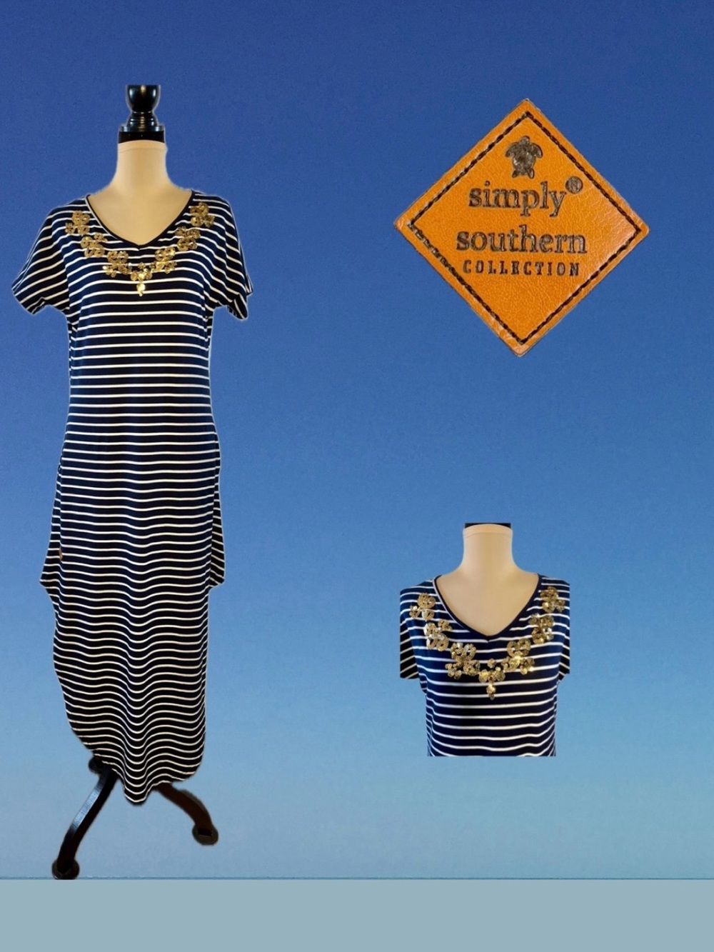 Simply Southern Navy and White Striped Dress with Gold Details